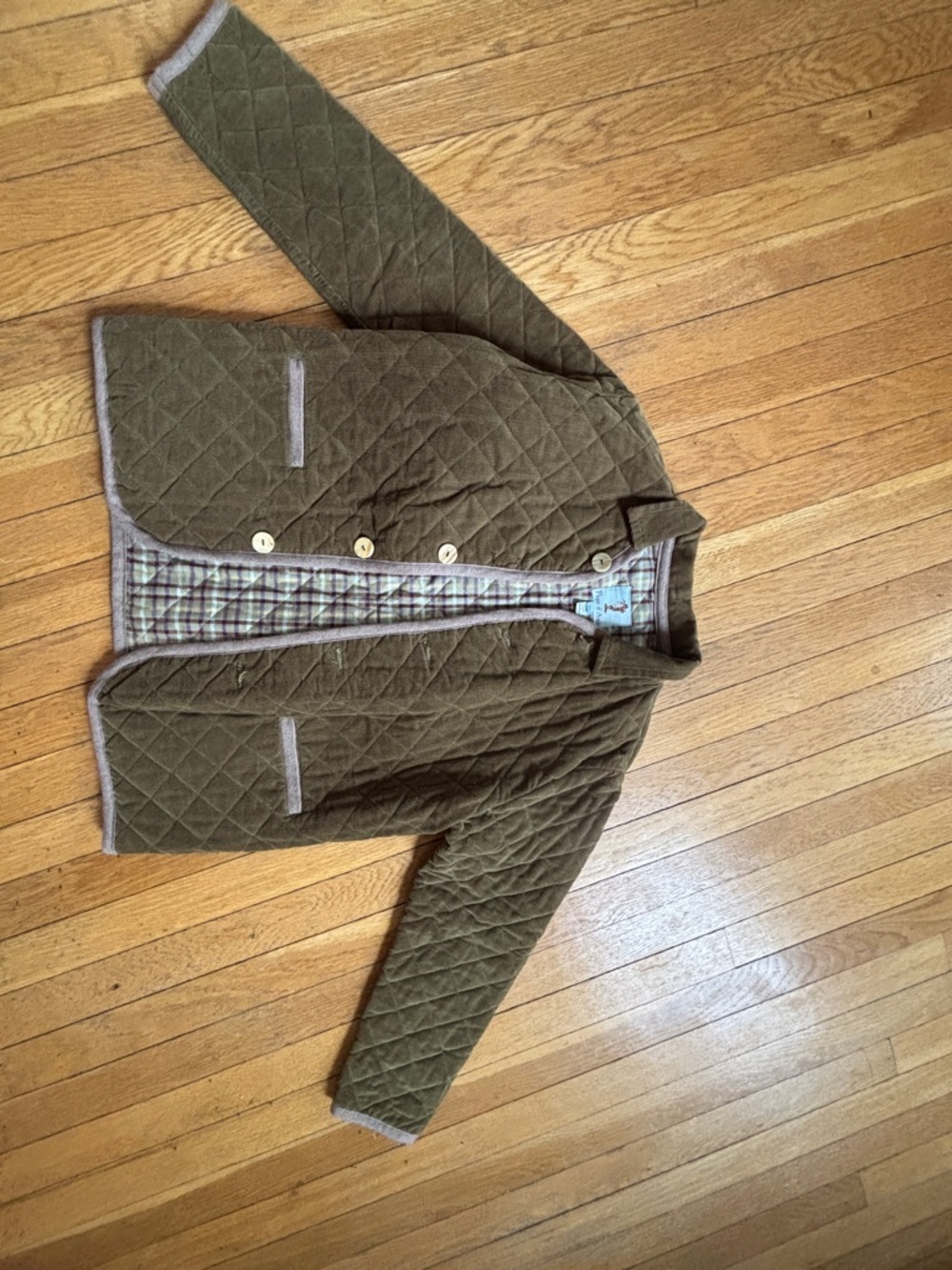 Papo d'Anjo Quilted Olive Green Lightweight Corduroy Jacket with Plaid Lining
